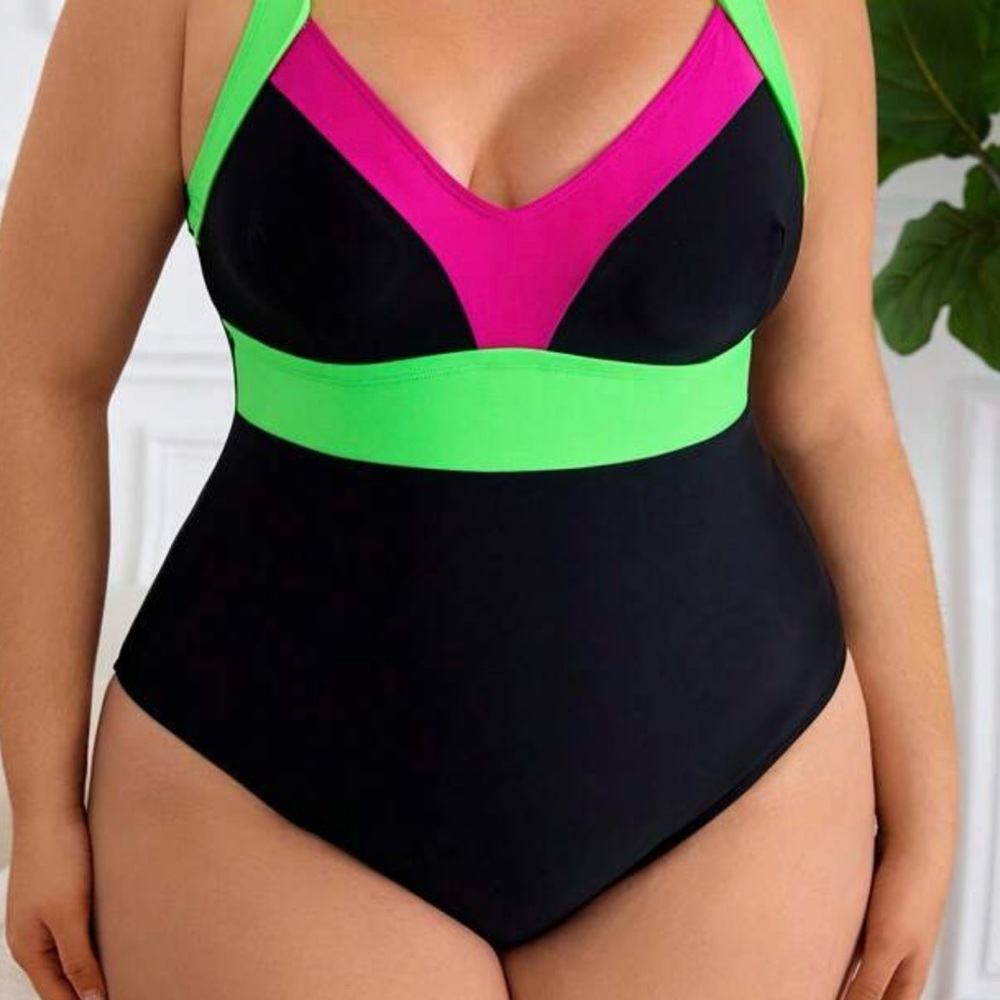 SHEIN Neon Green and Pink on Black One Piece Fits a Size 5XL